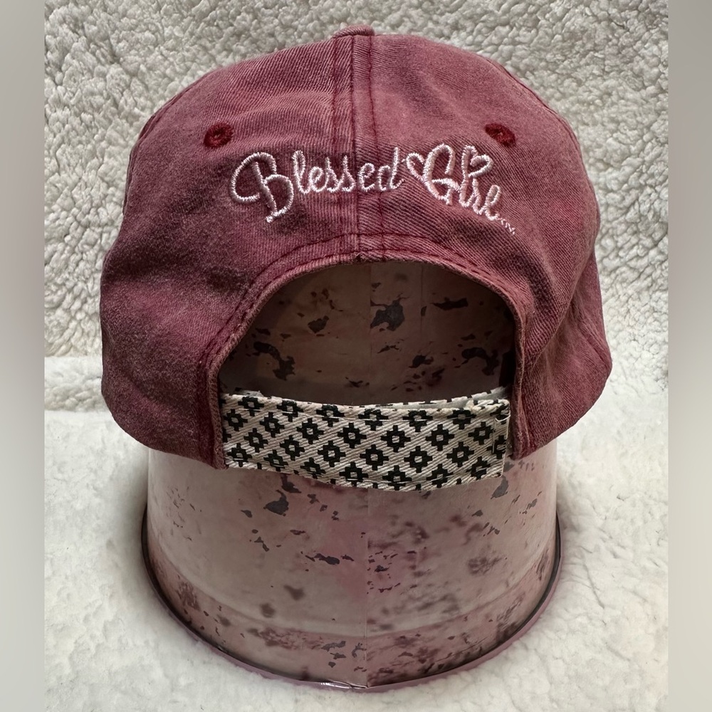 Blessed Girl Red w/Black & White Trim Cross 100% Cotton Velcro Strap Back Hat - Picture 3 of 9